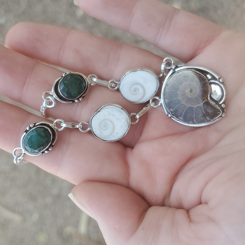 New Ammonite Fossil, Shiva Eye and Emerald 925 Silver Necklace.